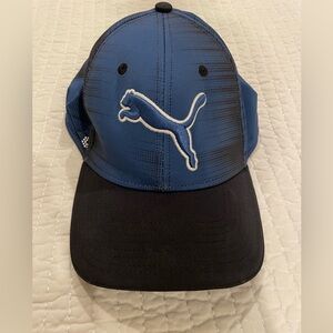 Puma Golf Men’s Tech Hat Baseball Cap EUC Navy blue print Black Puma logo